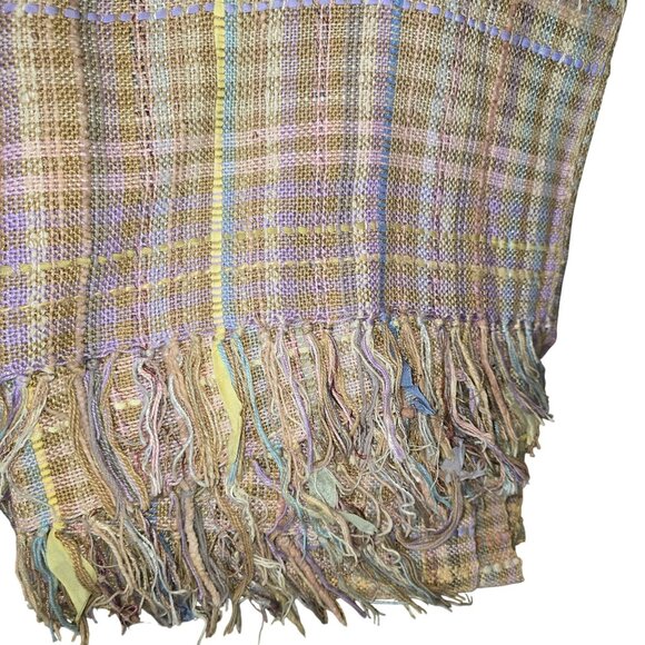Laise Adzer Handwoven Plaid Cape Shawl Pastel Tan Multicolor Ribbon CM2057 - Picture 11 of 11
